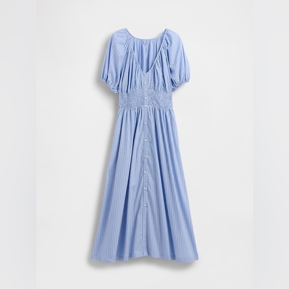 GAP Blue Stripe Puff Sleeve Cotton Midi Dress